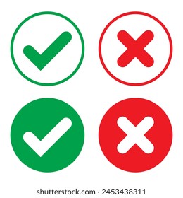 Richtige oder falsche Symbole. Grüne Häkchen und rote Häkchen in flachen Kreissymbolen. Ja- oder Nein-Symbol, Symbol "Genehmigt" oder "Zurückgewiesen" für die Benutzeroberfläche.