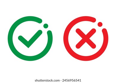 Right or wrong icons. Green tick and red cross checkmarks in circle flat icons. Yes or no symbol, approved or rejected icon for user interface.