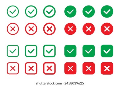 Richtige oder falsche Symbole. Grüne Häkchen und rote Häkchen in flachen Kreissymbolen. Ja- oder Nein-Symbol, Symbol "Genehmigt" oder "Zurückgewiesen" für die Benutzeroberfläche.