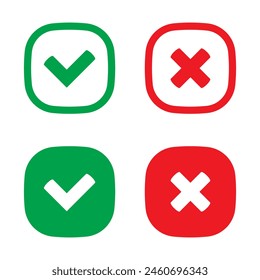 Right or wrong icons. Green tick and red cross checkmarks in circle flat icons. Yes or no symbol, approved or rejected icon for user interface.