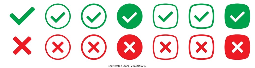 Right or wrong icons. Green tick and red cross checkmarks. Yes or no symbol, approved or rejected icon for user interface.