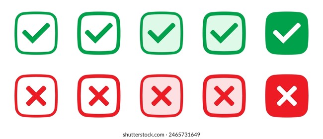 Right or wrong icons. Green tick and red cross checkmarks. Yes or no symbol, approved or rejected icon for user interface.