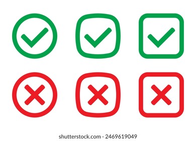 Right or wrong icons. Green tick and red cross checkmarks. Yes or no symbol, approved or rejected icon for user interface.