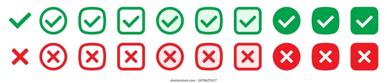 Right or wrong icons. Green tick and red cross checkmarks. Yes or no symbol, approved or rejected icon for user interface.