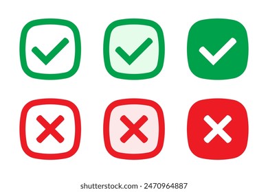 Iconos correctos o incorrectos. Marca de verificación verde y cruz roja. Símbolo Sí o no, icono aprobado o rechazado para la interfaz de usuario.