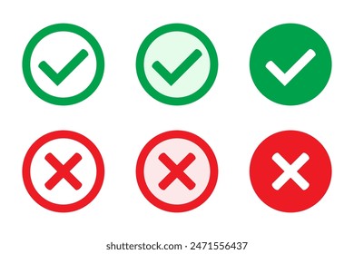 Iconos correctos o incorrectos. Marca de verificación verde y cruz roja. Símbolo Sí o no, icono aprobado o rechazado para la interfaz de usuario.