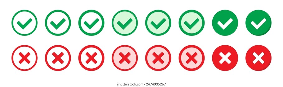 Iconos correctos o incorrectos. Marca de verificación verde y cruz roja. Símbolo Sí o no, icono aprobado o rechazado para la interfaz de usuario.