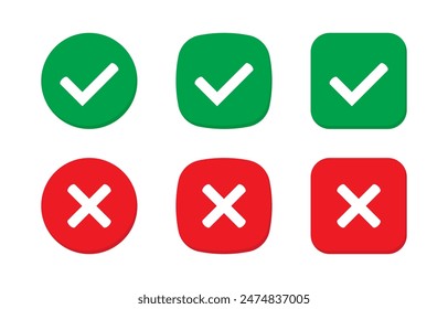 Right or wrong icons. Green tick and red cross checkmarks. Yes or no symbol, approved or rejected icon for user interface.