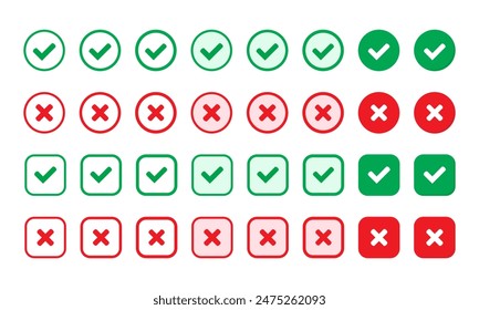 Right or wrong icons. Green tick and red cross checkmarks. Yes or no symbol, approved or rejected icon for user interface.