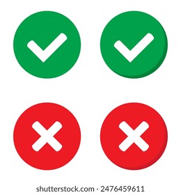 Right or wrong icons. Green tick and red cross checkmarks. Yes or no symbol, approved or rejected icon for user interface.