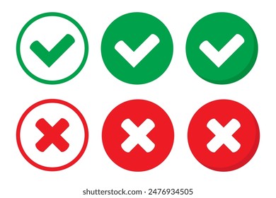 Right or wrong icons. Green tick and red cross checkmarks. Yes or no symbol, approved or rejected icon for user interface.