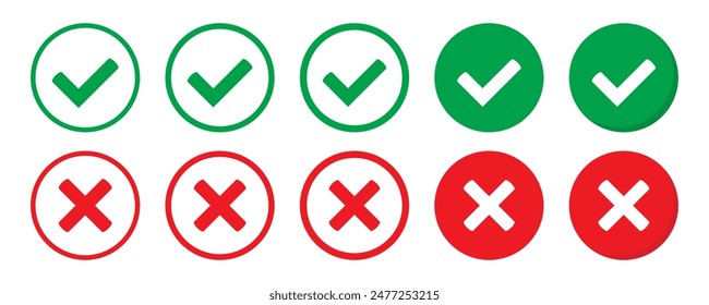 Right or wrong icons. Green tick and red cross checkmarks. Yes or no symbol, approved or rejected icon for user interface.