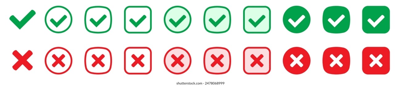 Right or wrong icons. Green tick and red cross checkmarks. Yes or no symbol, approved or rejected icon for user interface.