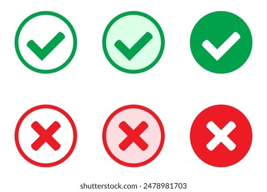 Right or wrong icons. Green tick and red cross checkmarks. Yes or no symbol, approved or rejected icon for user interface.