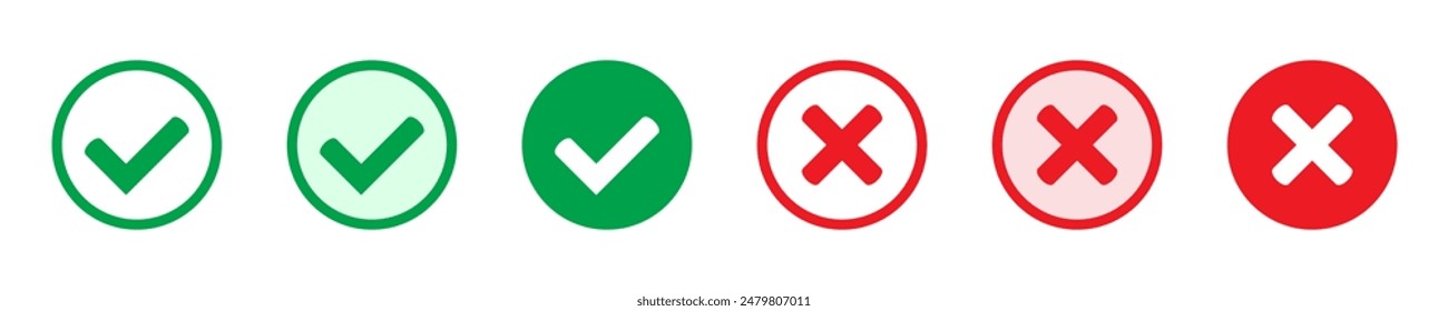 Right or wrong icons. Green tick and red cross checkmarks. Yes or no symbol, approved or rejected icon for user interface.