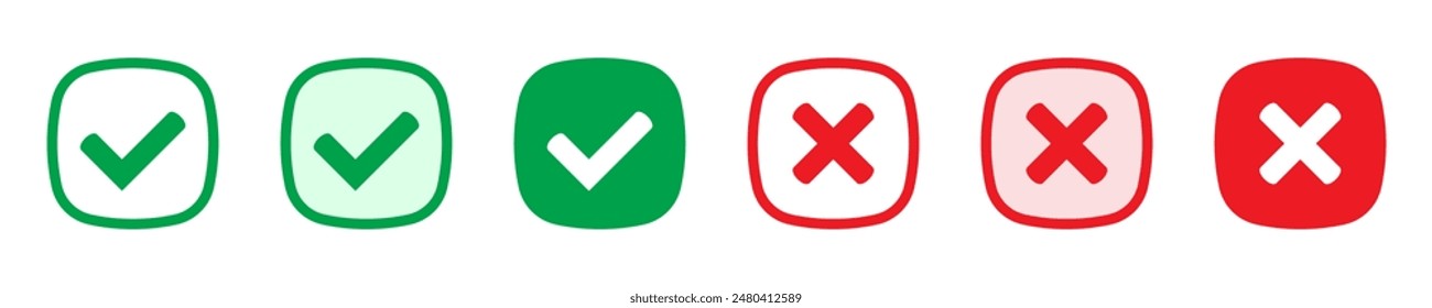 Right or wrong icons. Green tick and red cross checkmarks. Yes or no symbol, approved or rejected icon for user interface.
