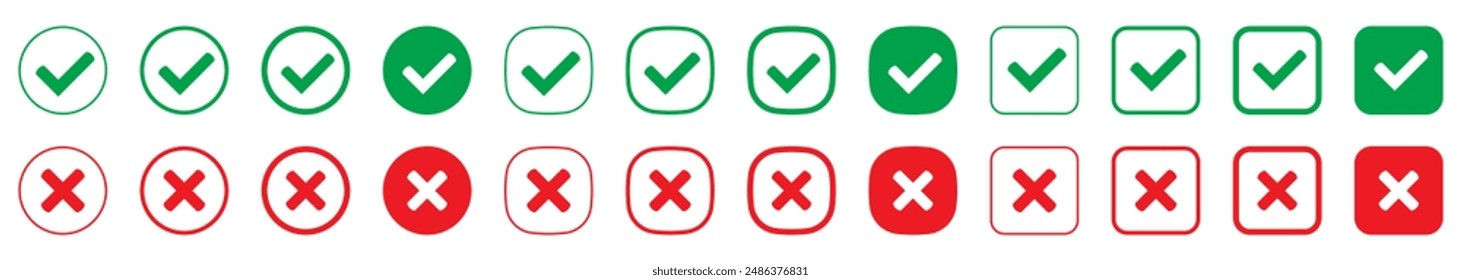 Right or wrong icons. Green tick and red cross checkmarks. Yes or no symbol, approved or rejected icon for user interface.