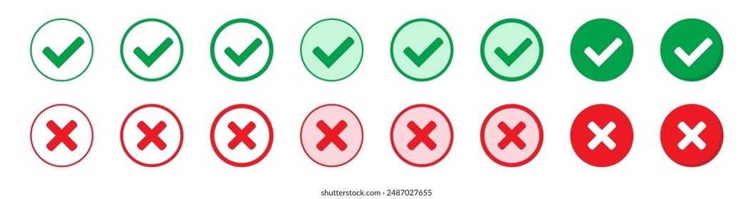 Iconos correctos o incorrectos. Marca de verificación verde y cruz roja. Símbolo Sí o no, icono aprobado o rechazado para la interfaz de usuario.