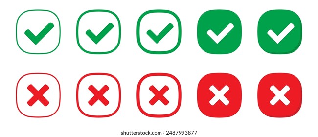 Iconos correctos o incorrectos. Marca de verificación verde y cruz roja. Símbolo Sí o no, icono aprobado o rechazado para la interfaz de usuario.