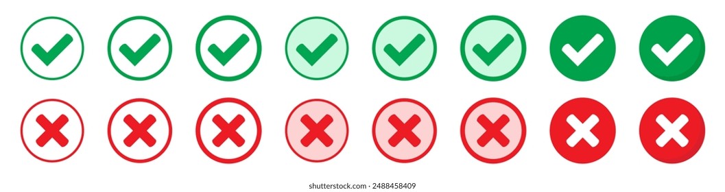 Right or wrong icons. Green tick and red cross checkmarks. Yes or no symbol, approved or rejected icon for user interface.