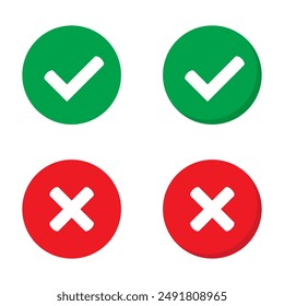 Iconos correctos o incorrectos. Marca de verificación verde y cruz roja. Símbolo Sí o no, icono aprobado o rechazado para la interfaz de usuario.
