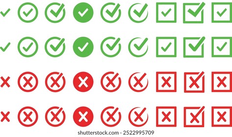 Ícones certos ou errados. Marca de seleção verde e cruz vermelha. Símbolo Sim ou Não, ícone Aprovado ou Rejeitado da interface do usuário. Tique, sinais de cruz. marca de seleção OK vermelho X