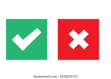 Iconos correctos o incorrectos. Marcas de verificación de garrapata verde y cruz roja. Sí o no símbolo, aprobado o rechazado icono para la interfaz de usuario.