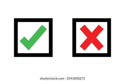 Iconos correctos o incorrectos. Marcas de verificación de garrapata verde y cruz roja. Ícono de Sí o No, ícono aprobado o rechazado para la interfaz de usuario. Ilustrador de Vector. Eps 10.