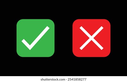 Iconos correctos o incorrectos. Marcas de verificación de garrapata verde y cruz roja. Ícono de Sí o No, ícono aprobado o rechazado para la interfaz de usuario. Ilustrador de Vector. Eps 10.