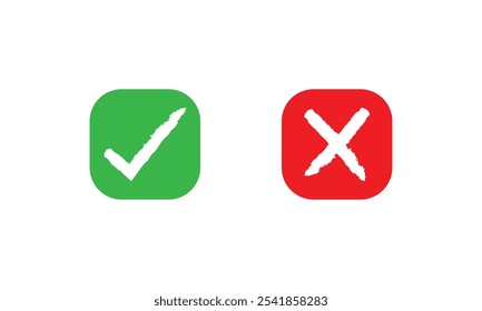 Iconos correctos o incorrectos. Marcas de verificación de garrapata verde y cruz roja. Ícono de Sí o No, ícono aprobado o rechazado para la interfaz de usuario. Ilustrador de Vector. Eps 10.
