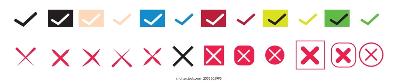 Right or wrong icons. Green tick and red cross checkmarks. Yes or no symbol, approved or rejected icon for user interface.