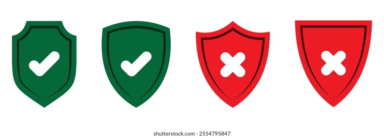 Right or wrong icons. Green tick and red cross checkmarks. Yes or no symbol, approved or rejected icon for user interface.