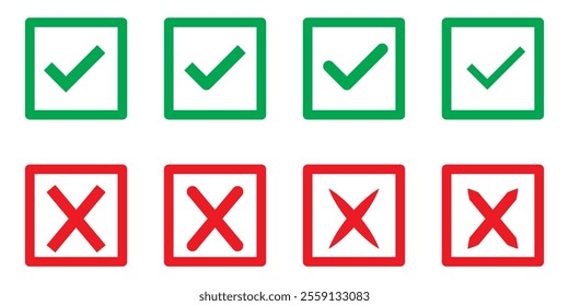 Right or wrong icons. Green tick and red cross checkmarks. Yes or no symbol, approved or rejected icon for user interface.