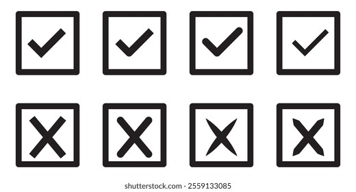 Right or wrong icons. Green tick and red cross checkmarks. Yes or no symbol, approved or rejected icon for user interface.