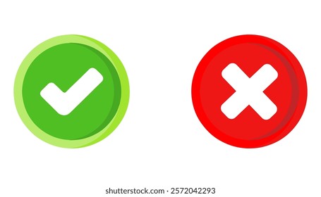 Right or wrong icons. Green tick and red cross checkmarks. Yes or no symbol, approved or rejected icon for user interface. Vector Illustration. EPS 10