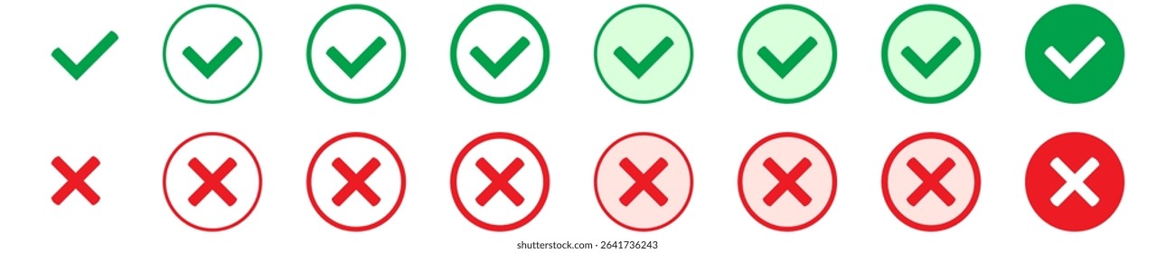 Right or wrong icons. Green tick and red cross checkmarks in circle flat icons. Yes or no symbol, approved or rejected icon for user interface.