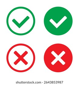 Right or wrong icons. Green tick and red cross checkmarks in circle flat icons. Yes or no symbol, approved or rejected icon for user interface.