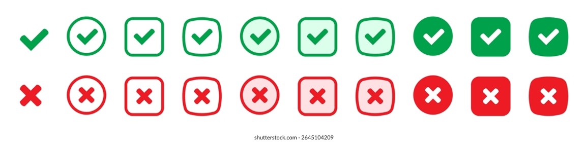 Right or wrong icons. Green tick and red cross checkmarks flat icons. Yes or no symbol, approved or rejected icon for user interface.