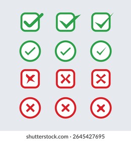 Right or wrong icons. Green tick and red cross checkmarks. Yes or no symbol, approved or rejected icon for user interface.