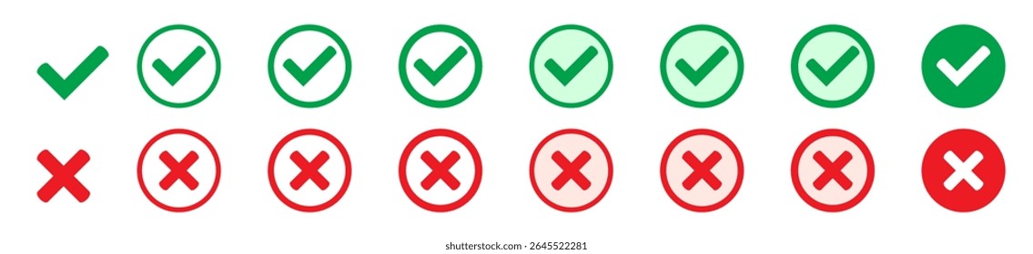 Right or wrong icons. Green tick and red cross checkmarks in circle flat icons. Yes or no symbol, approved or rejected icon for user interface.