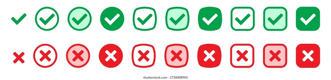 Ícones certos ou errados. Marcas de verificação verdes e cruzadas vermelhas ícones planos. Símbolo Sim ou Não, ícone Aprovado ou Rejeitado.