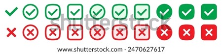 Right or wrong icons. Green tick and red cross checkmarks. Yes or no symbol, approved or rejected icon for user interface.