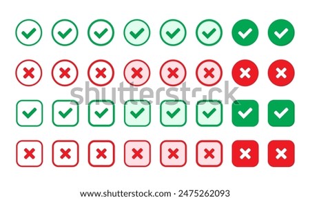 Right or wrong icons. Green tick and red cross checkmarks. Yes or no symbol, approved or rejected icon for user interface.