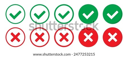 Right or wrong icons. Green tick and red cross checkmarks. Yes or no symbol, approved or rejected icon for user interface.