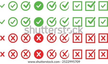 Right or wrong icons. Green tick and red cross checkmarks. Yes or no symbol, approved or rejected icon for user interface. Tick, cross signs. checkmark OK red X