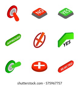 Right and wrong icons set. Isometric 3d illustration of 9 right and wrong vector icons for web