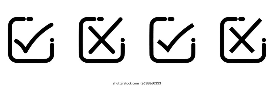 Right or wrong icons.  tick and cross checkmarks in black color. Yes or no symbol, approved or rejected icon for user interface.