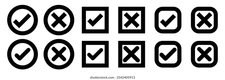 Ícones certos ou errados.  Símbolo Sim ou Não, ícone Aprovado ou Rejeitado da interface do usuário. Botão de ícone de marca de seleção definido. Vermelho, verde, certo, errado. pode, não pode, sim, não, plano, linha, preto, aceitar e rejeitar.