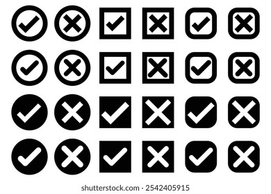 Ícones certos ou errados.  Símbolo Sim ou Não, ícone Aprovado ou Rejeitado da interface do usuário. Botão de ícone de marca de seleção definido. Vermelho, verde, certo, errado. pode, não pode, sim, não, plano, linha, preto, aceitar e rejeitar.