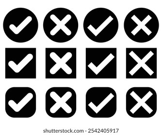 Ícones certos ou errados.  Símbolo Sim ou Não, ícone Aprovado ou Rejeitado da interface do usuário. Botão de ícone de marca de seleção definido. Vermelho, verde, certo, errado. pode, não pode, sim, não, plano, linha, preto, aceitar e rejeitar.